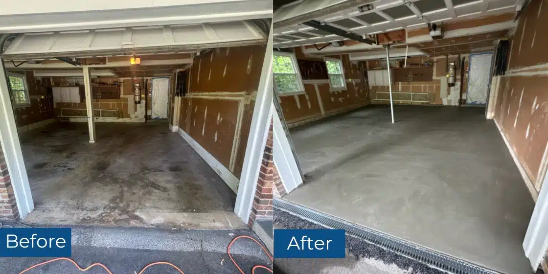 Before and after images of concrete garage floor repair in Vienna, VA, showing slab replacement with drainage reinforcement.