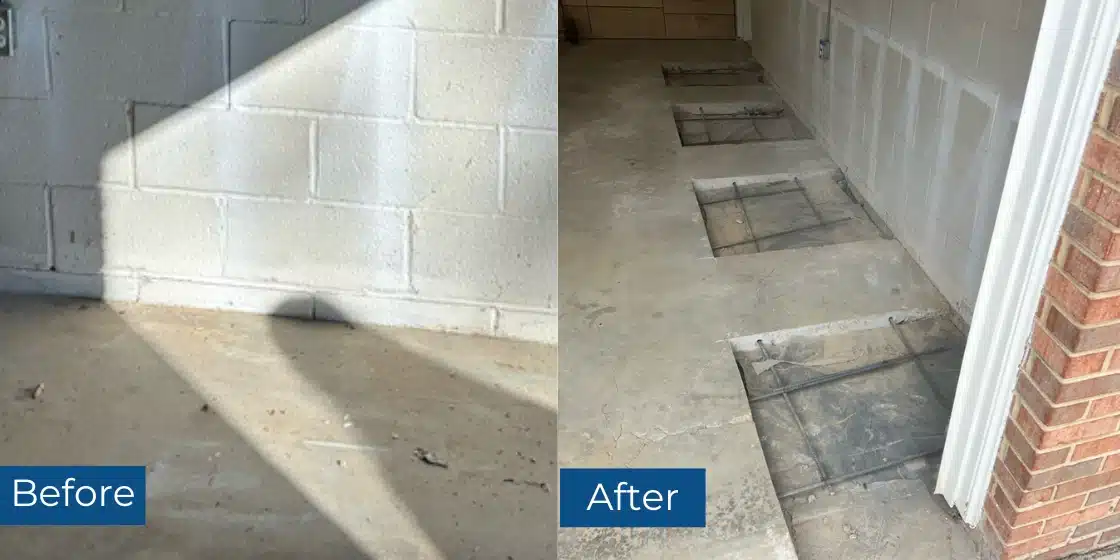 Before and after images of push pier foundation repair in Alexandria, VA, stabilizing garage foundation and preventing further settling.