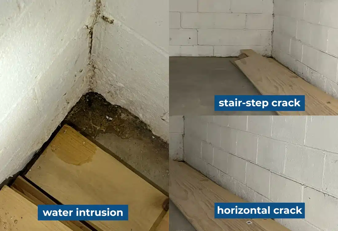 Visible stair-step and horizontal basement wall cracks caused by foundation shifting and water intrusion in Berryville, VA.
