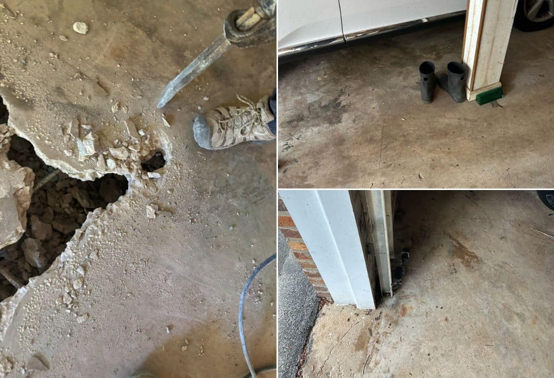 Uneven and cracked garage concrete slab in Alexandria, VA, caused by settlement and poor drainage, requiring full slab replacement.