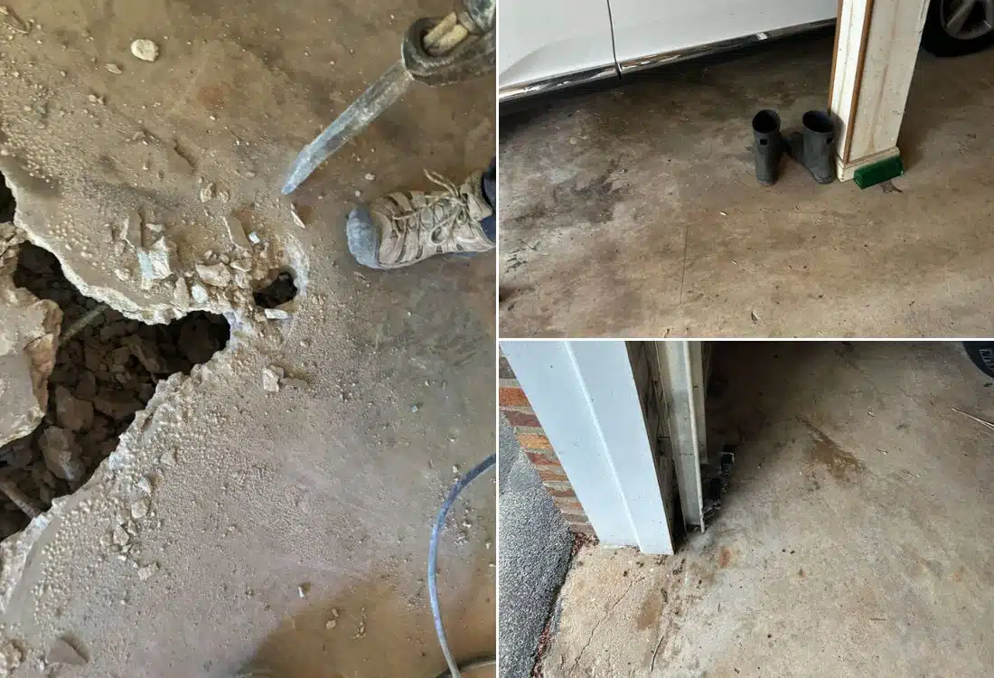 Uneven and cracked garage concrete slab in Alexandria, VA, caused by settlement and poor drainage, requiring full slab replacement.
