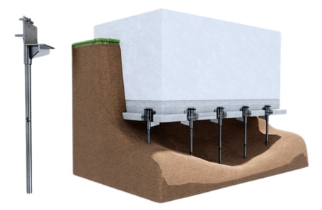 Illustration of push piers installation in Harpers Ferry, WV, to stabilize and lift settling foundations for long-term support.