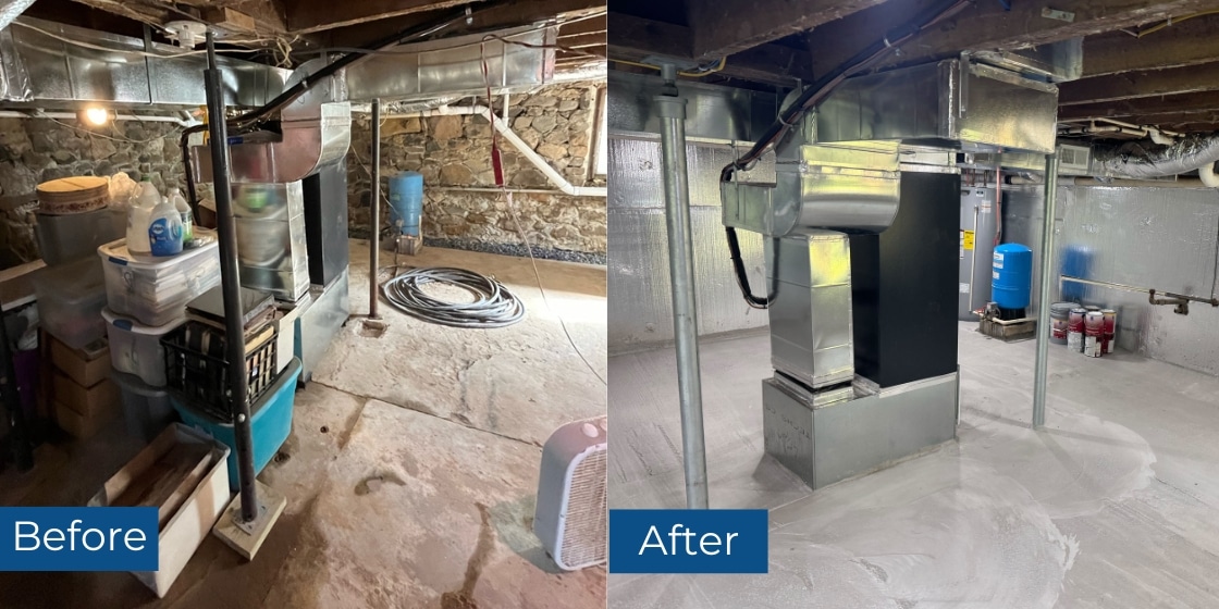 Before and after images of basement foundation repair in Front Royal, VA, showing stabilization and moisture control solutions.