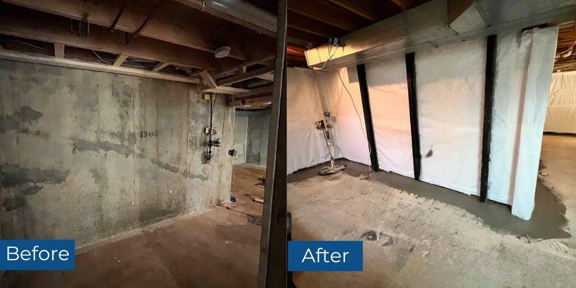 Before and after basement leak repair and wall stabilization in Burke, VA, showing stabilization and moisture control solutions.