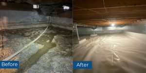 Before and after wet crawl space repair in Strasburg, VA, showing drainage, sump pump, encapsulation, and structural upgrades.