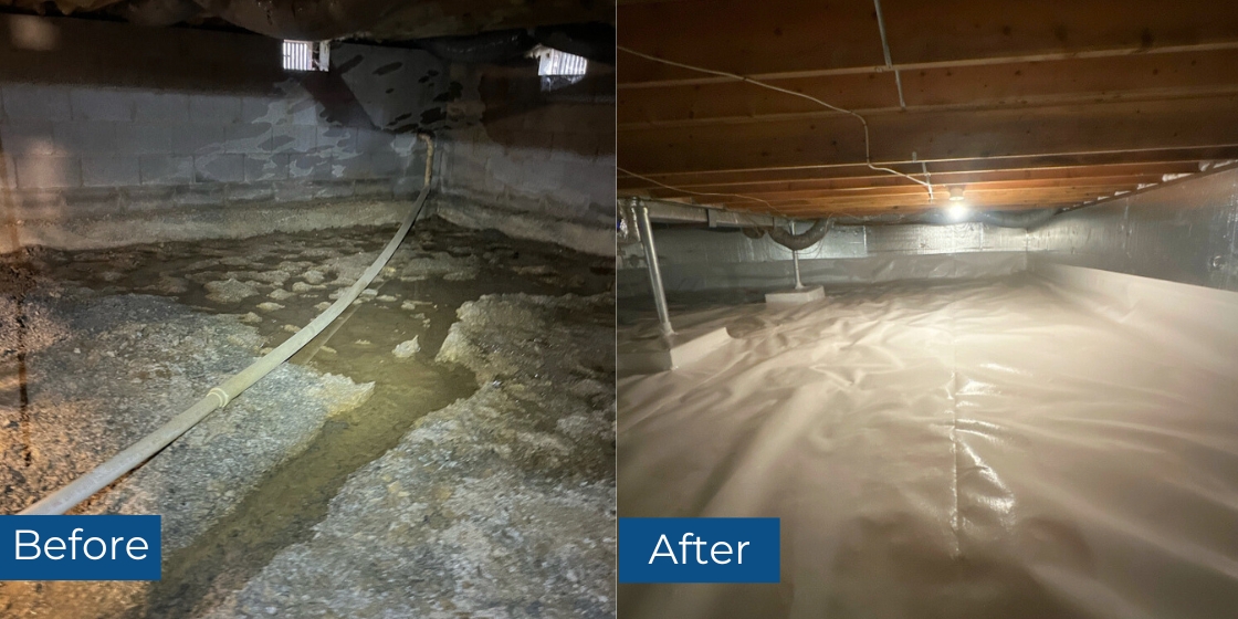 Before and after wet crawl space repair in Strasburg, VA, showing drainage, sump pump, encapsulation, and structural upgrades.