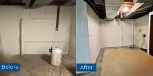 Before and after images of wet basement repair in Warrenton, VA, showing solved water intrusion and foundation issues.