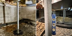 Installed adjustable support posts after sagging floor repair in Cross Junction, VA, showing structural stabilization.