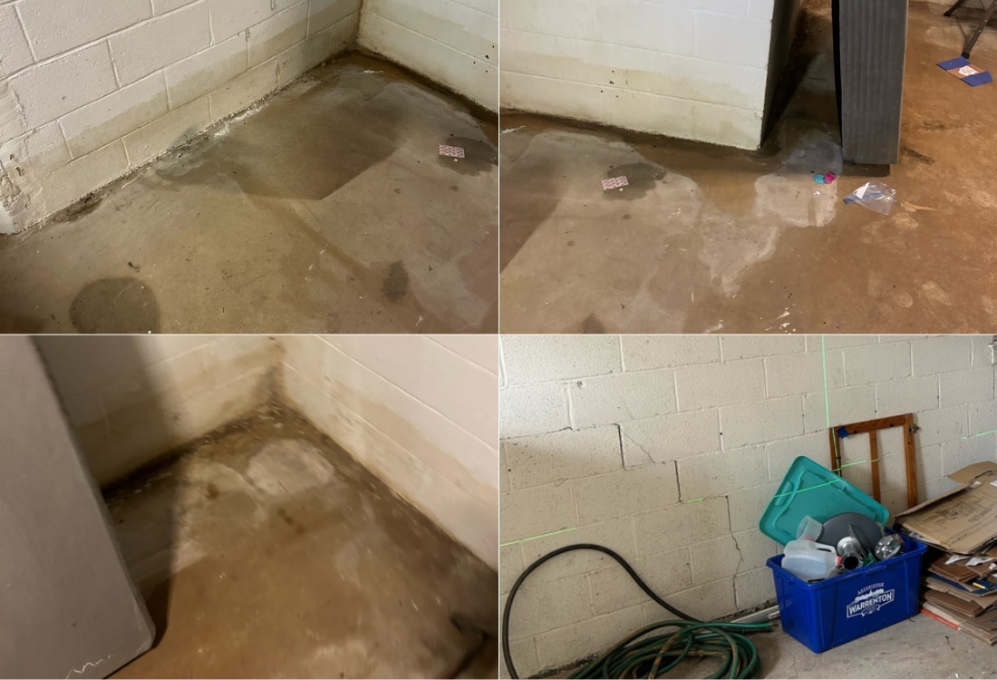 Wet basement damage with water pooling along foundation walls and damp floors at Bristow, VA, threatening the structural integrity.
