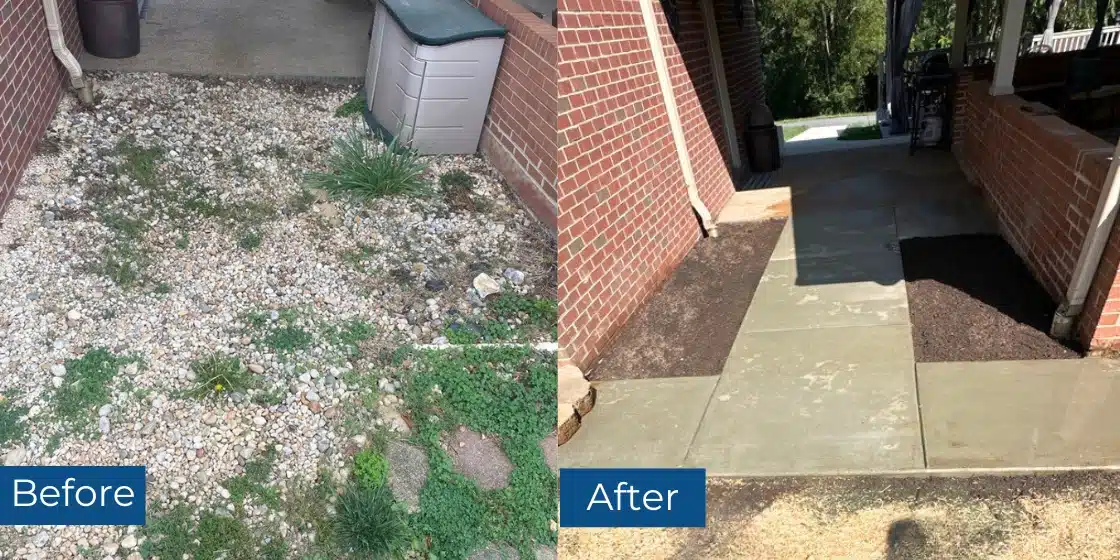 Before and after images of concrete walkway installation in Harrisonburg, VA, showing the transformation from gravel to a durable path.