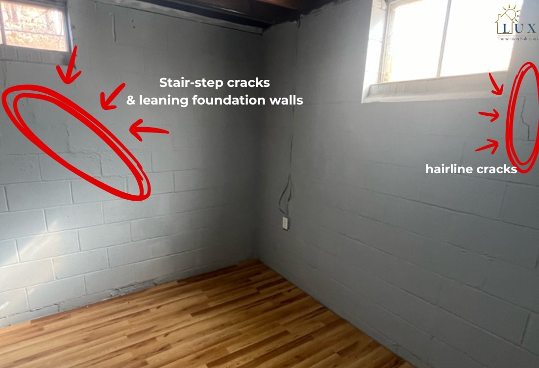 Visible cracks and leaning walls in Berryville, VA, due to foundation settlement caused by shifting soil beneath the home.