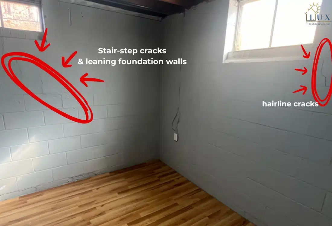 Visible cracks and leaning walls in Berryville, VA, due to foundation settlement caused by shifting soil beneath the home.