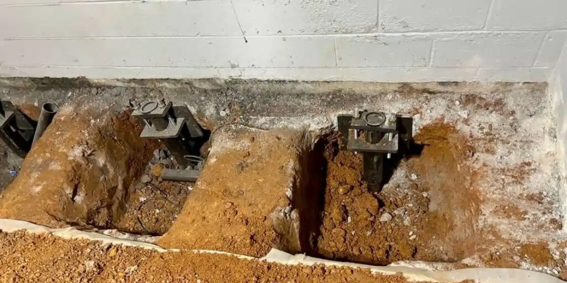 Steel push piers and wall pins installed for foundation stabilization at a residential property in Front Royal, VA.