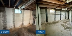 Before and after images of carbon fiber basement wall repair in Martinsburg, WV, showing cracked walls reinforced with straps.