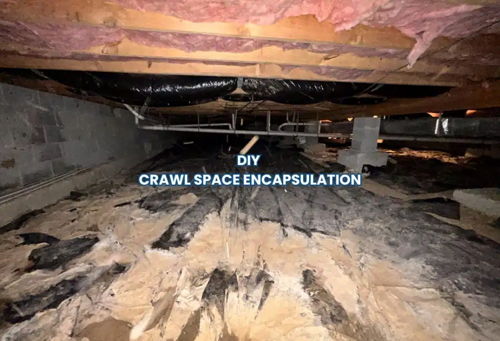 Unfinished crawl space vapor barrier with exposed ground showing the result of DIY crawl space encapsulation in Ashburn, VA.