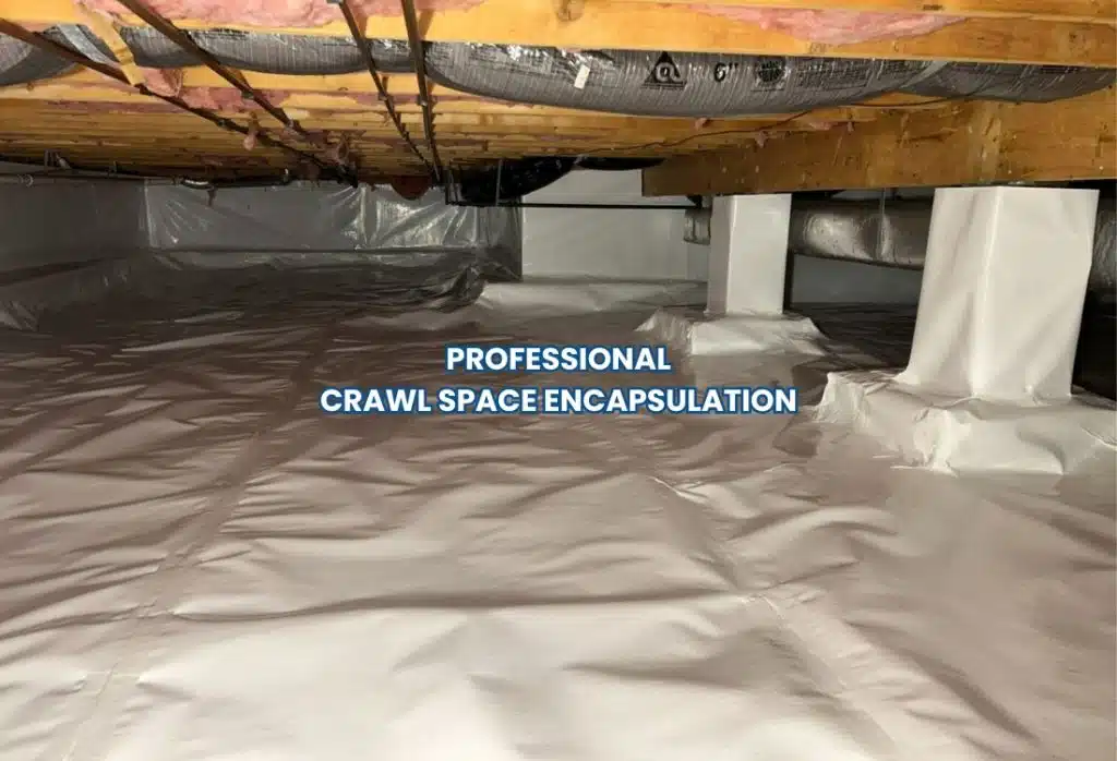 Sealed area with clean vapor barrier and wrapped support columns from a professional crawl space encapsulation in Martinsburg, WV.
