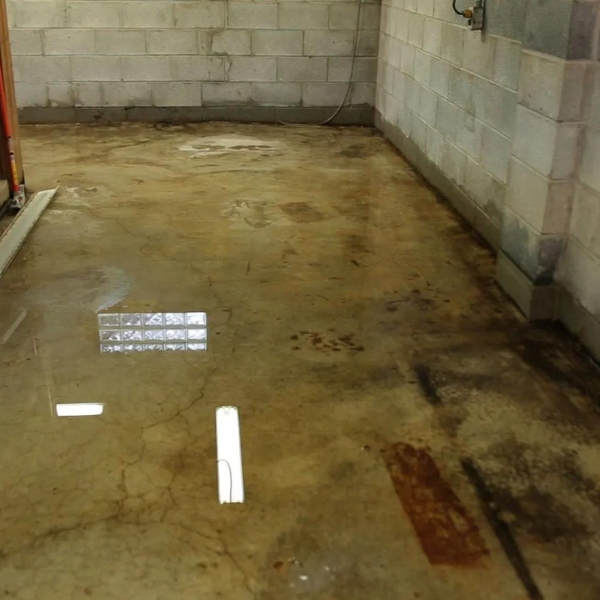 Standing water in concrete floor due to drainage and foundation issues, needing basement flooding repair in Winchester, VA.