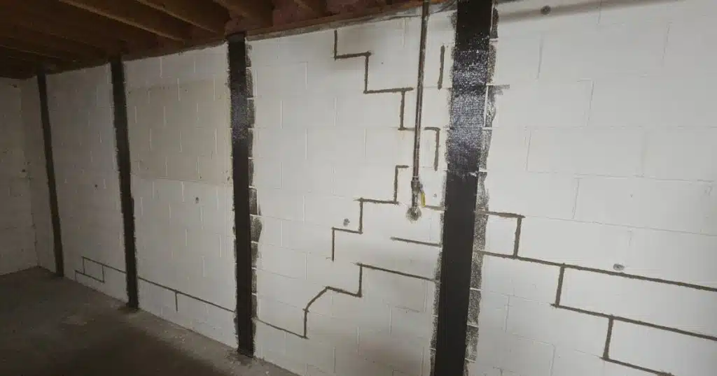 Installed carbon fiber straps reinforcing bowed basement wall in Fairfax, VA, preventing further movement.