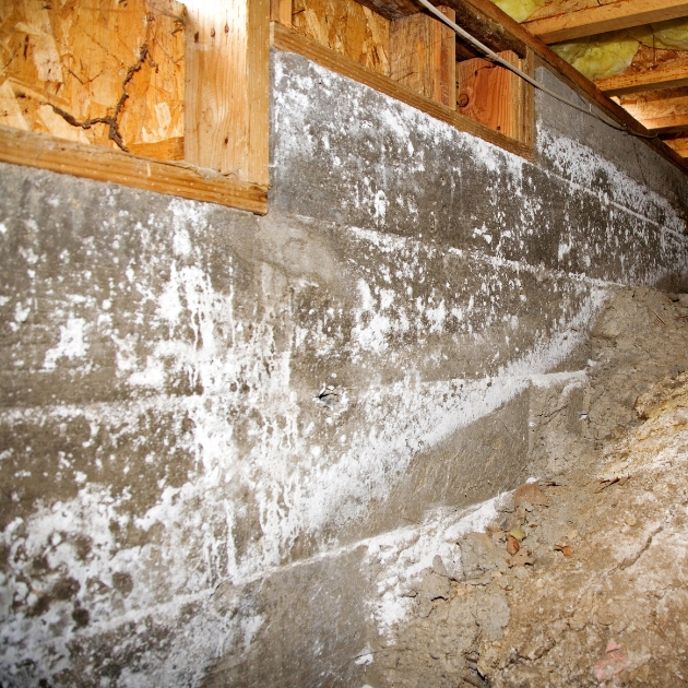 A crawl space wall with lots of mold; needing urgent crawl space mold remediation in Harpers Ferry, WV.