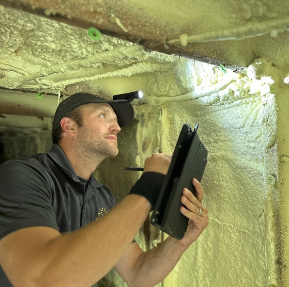 Foundation repair contractor inspecting a home foundation in Winchester, VA, for structural issues.