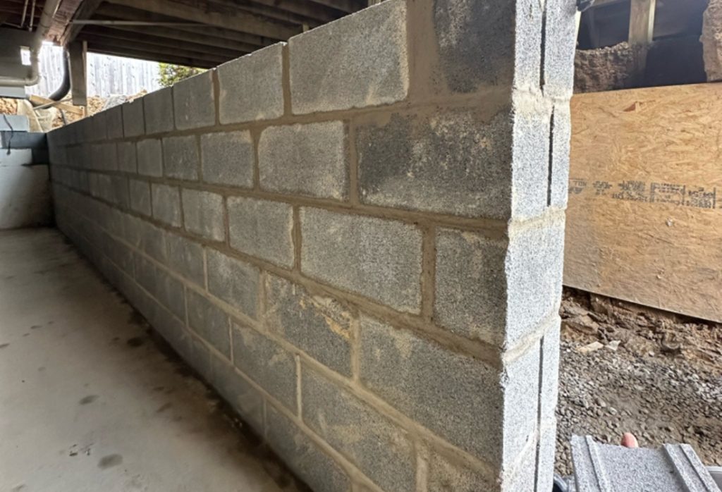 Foundation wall replacement in progress to restore full stability, home foundation repair in Charles Town, WV.