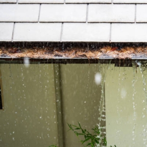 Clogged gutters with overflowing water due to heavy rainfall cause of basement flooding in Harpers Ferry, WV.