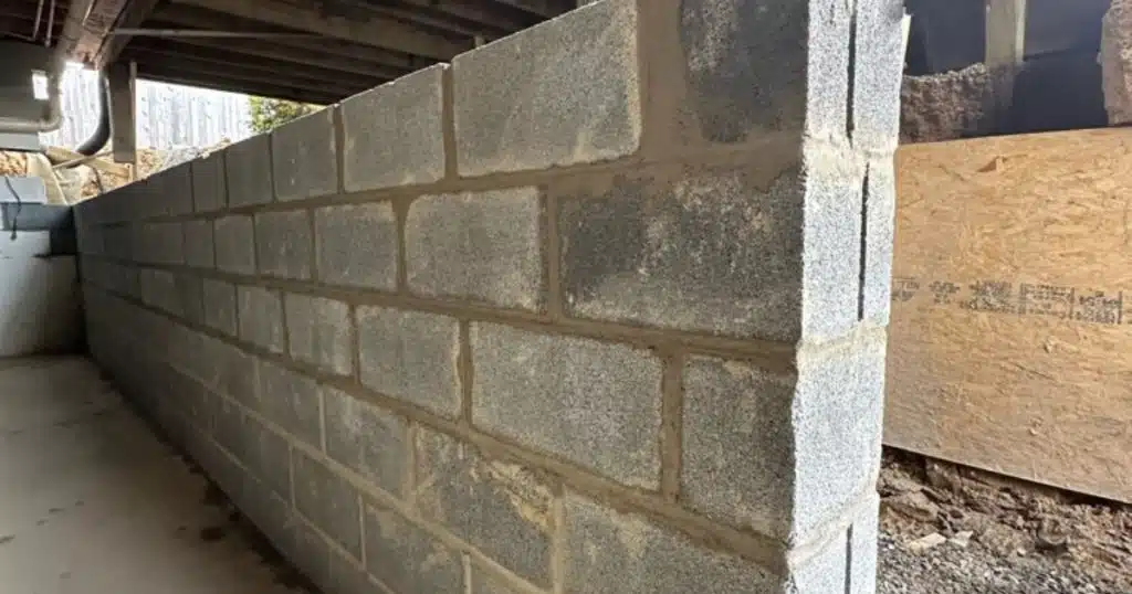 Newly rebuilt concrete block basement wall, replacing a damaged bowed wall for structural repair in Charles Town, WV.