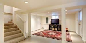 Clean, dry basement interior showing the results of an effective basement waterproofing method in Northern Florida.