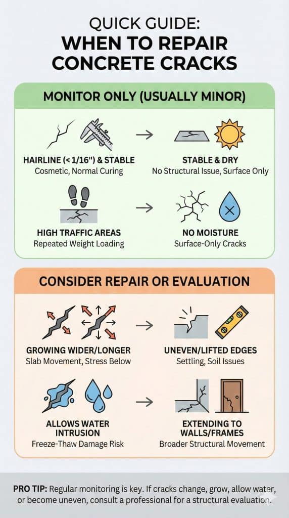 Table comparing when hairline cracks in concrete slabs are normal versus when professional repair in Ashburn, VA, is needed.