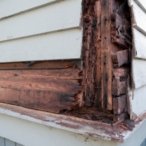 A wet, decayed wooden house structure due to water intrusion, causing basement wood rotting in Stephens City, VA.