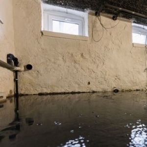 Basement flooded from a plumbing leak, soaking wood framing, causes basement wood rotting in Alexandria, VA;
