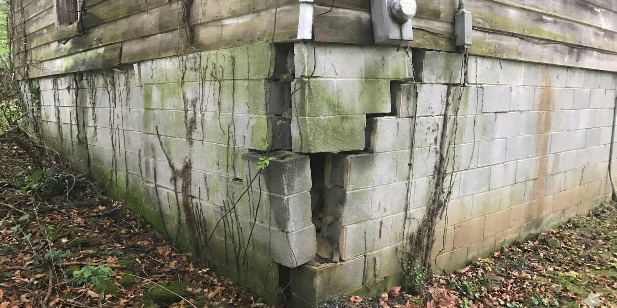 Sinking foundation wall with shifted concrete blocks, showing signs of how to tell if your foundation is sinking in Winchester, VA