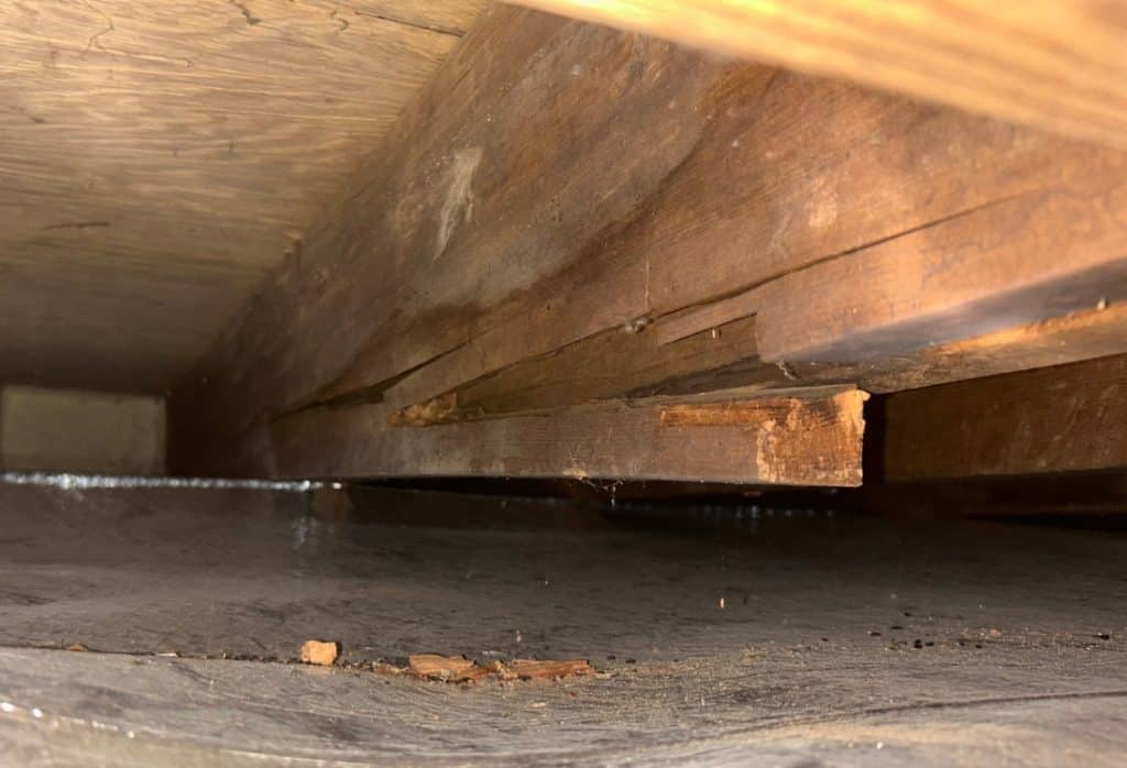 Lengthwise cracks in floor joists showing different crack patterns that may indicate cosmetic or structural issues in Ashburn, VA.