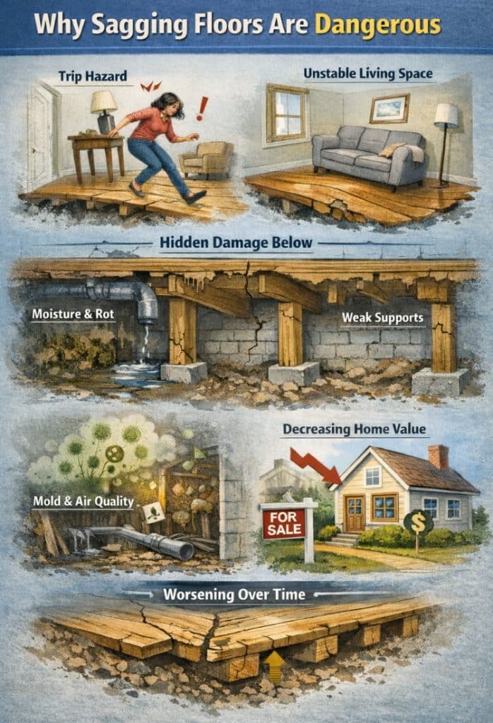 Illustration showing dangers of sagging floors in Charles Town, WV, that can cause damage if left untreated.