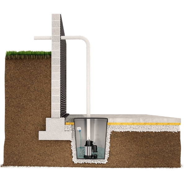 Illustration of an installed sump pump system removing groundwater, a basement waterproofing solution in Berkeley, WV.