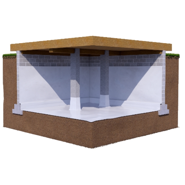 Illustration of installed basement wall vapor barrier to block wall moisture, a basement waterproofing solution in Berryville, VA.