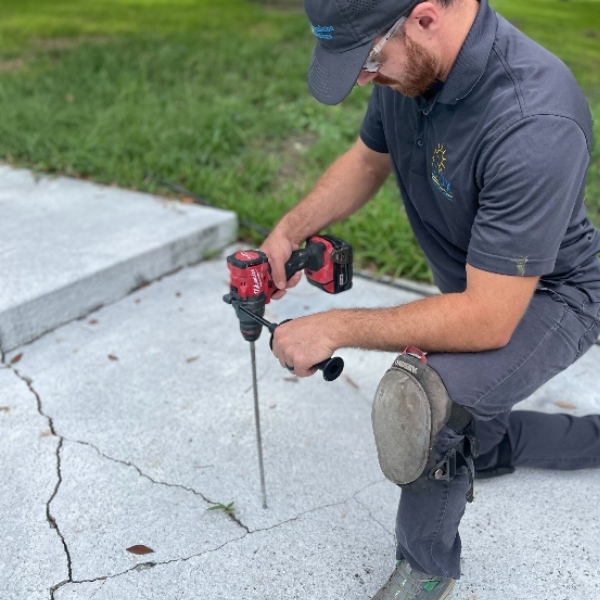 Technician sealing cracked concrete with flexible caulk to block water intrusion, a concrete repair solution in Alexandria, VA.