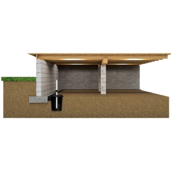 Illustration of an installed interior crawl space drainage system in Charles Town, WV, directing groundwater to a sump.
