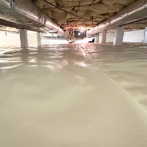 Fully encapsulated crawl space with reinforced vapor barrier and insulated piers, a crawl space repair solution in Alexandria, VA.