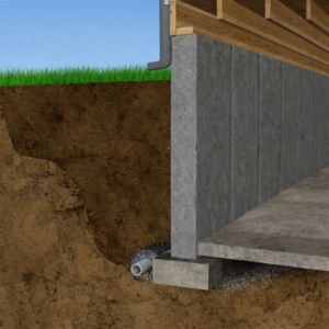 Illustration of shrinking expansive clay soil pulling away from a basement footing, causing a sinking concrete slab in Martinsburg, WV.