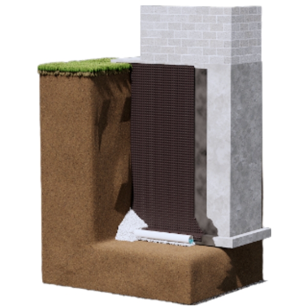 Illustration of exterior basement waterproofing solution in White Post, VA, with drainage board and footing drain to stop water intrusion.