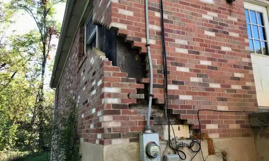 Severe stair-step brick cracking from foundation settlement, a sign of a foundation problem in Berryville, VA.