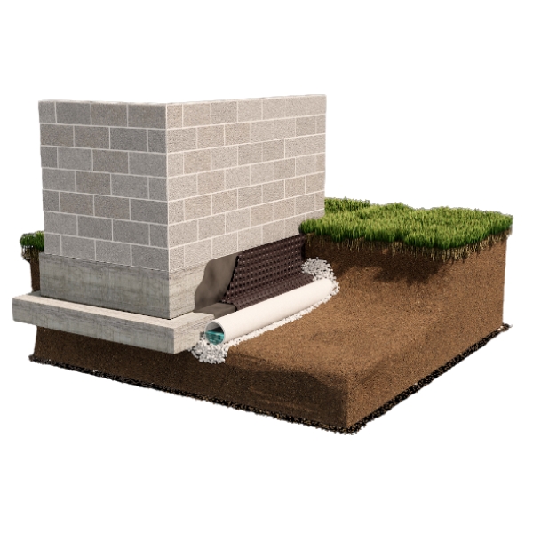 Illustration of a landscape French drain moving groundwater away from foundation, a basement waterproofing solution in Alexandria, VA.