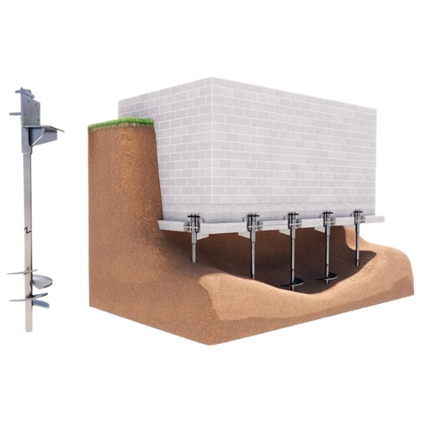 Illustration of installed helical piers screwed into soil, a foundation repair solution in Berryville, VA.