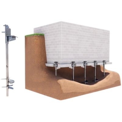 A diagram showing helical pier installation reaching stable soil for stabilization, a sinking foundation solution in Front Royal, VA.
