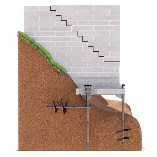 Illustration of installed helical tie-backs anchoring a cracked foundation wall, a foundation repair solution in Brambleton, VA.