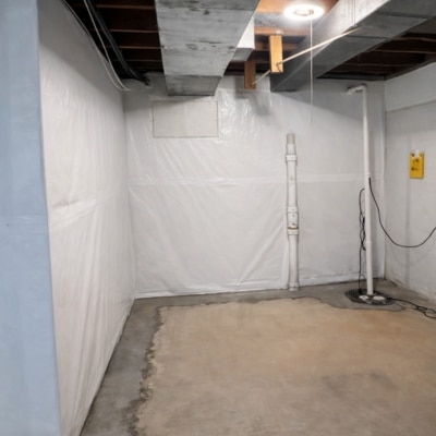 Installed interior basement waterproofing with vapor barrier walls and sump pump, a sinking foundation solution in Stephens City, VA.