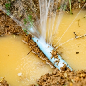 Burst water pipe spraying beneath soil, washing away support and causing a sinking concrete slab in Reston, VA.