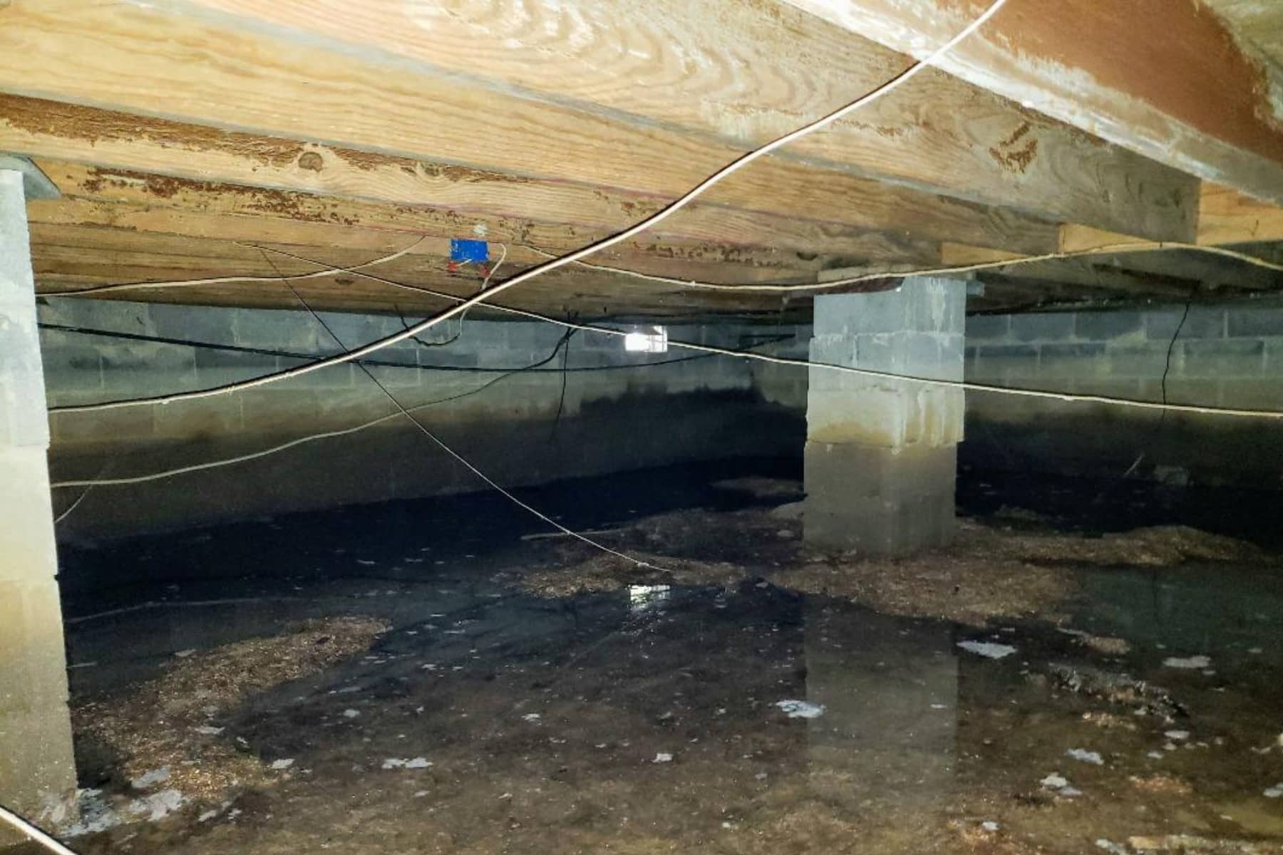 Standing water inside a crawl space caused by poor exterior drainage after heavy rain in Fairfax, VA.