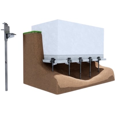 A diagram showing a push pier system driven to bedrock to lift and stabilize, a sinking foundation solution in Harpers Ferry, WV.